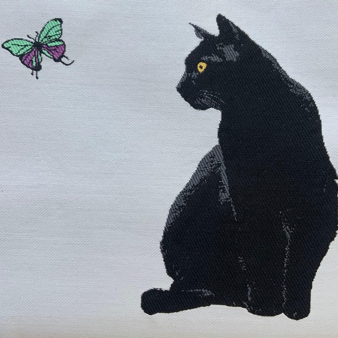 帯　猫と蝶々　リメイク　山葡萄ハンドルバッグ　通しマチタイプ