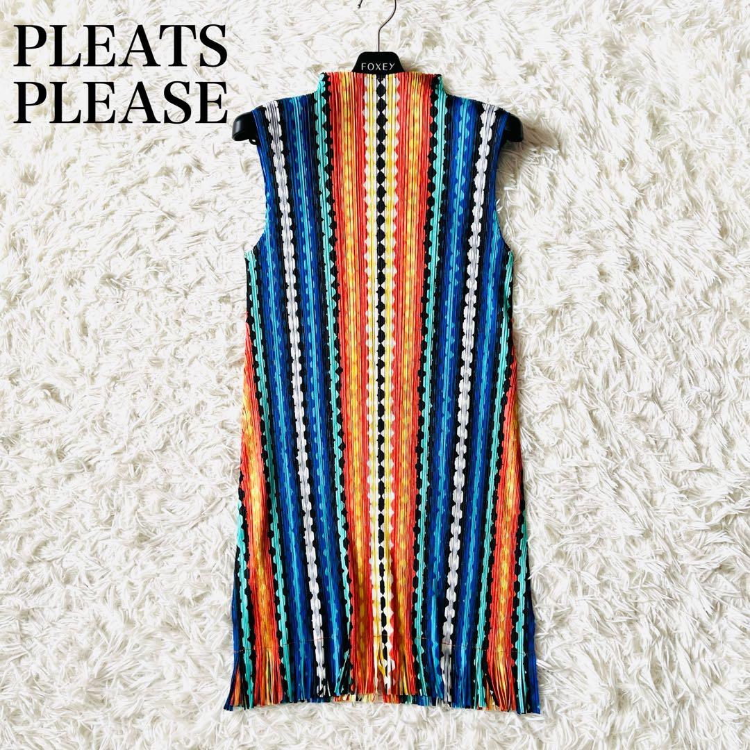 【美品✨】プリーツプリーズ　チュニック　ハイネック　フリンジ　ウェーブ柄　3