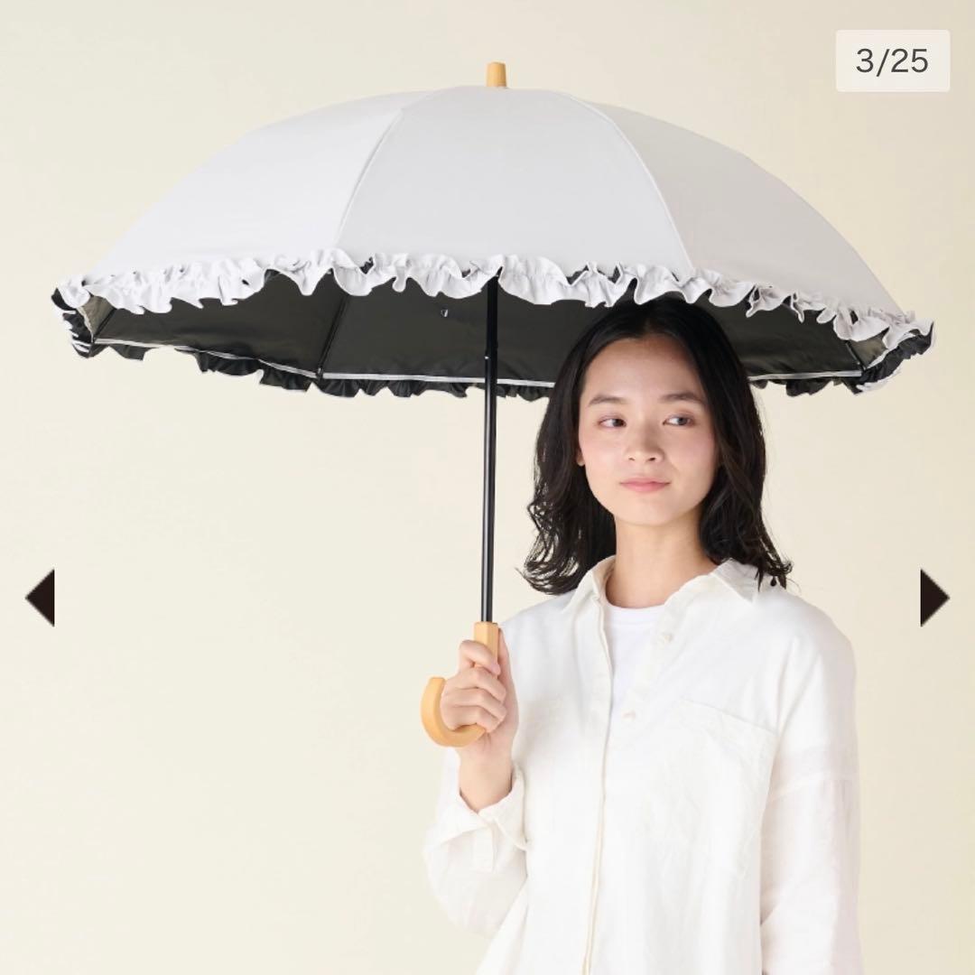 サンバリア100 折りたたみ日傘 ２段折 フリル ホワイト 木曲がり手元