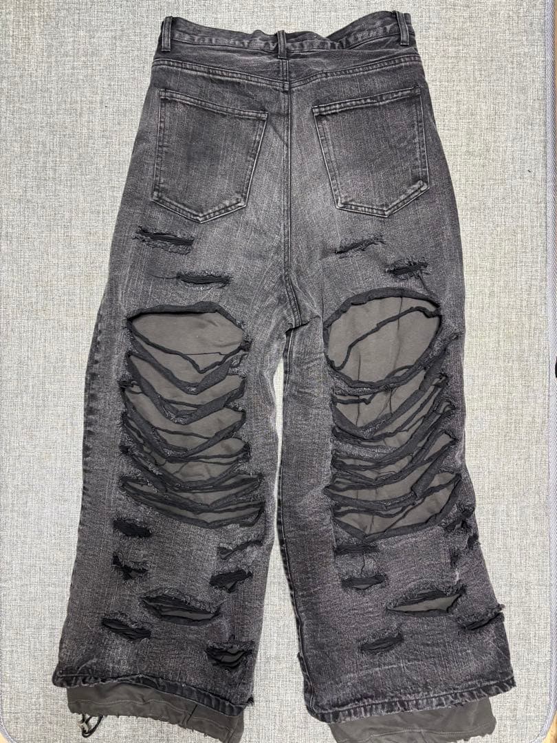 【GRANCY 】スウェットドッキングデザインダメージバギーデニムパンツ M