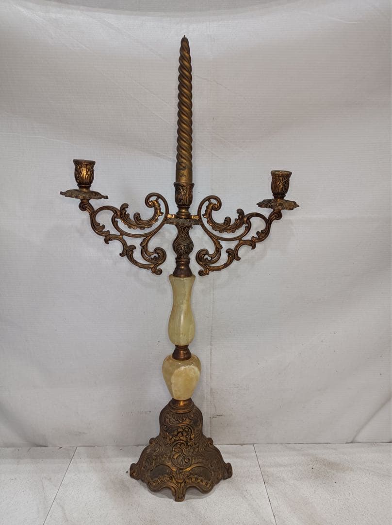 [八6564] 真鍮製　大理石 燭台 キャンドルスタンド