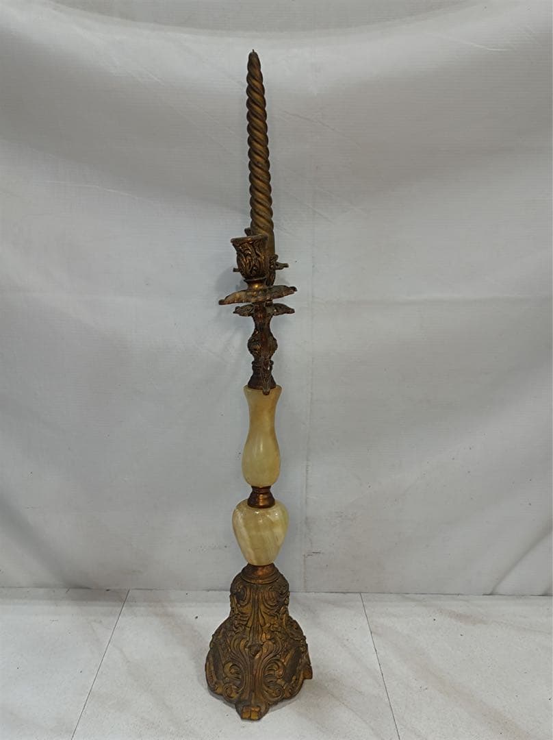 [八6564] 真鍮製　大理石 燭台 キャンドルスタンド