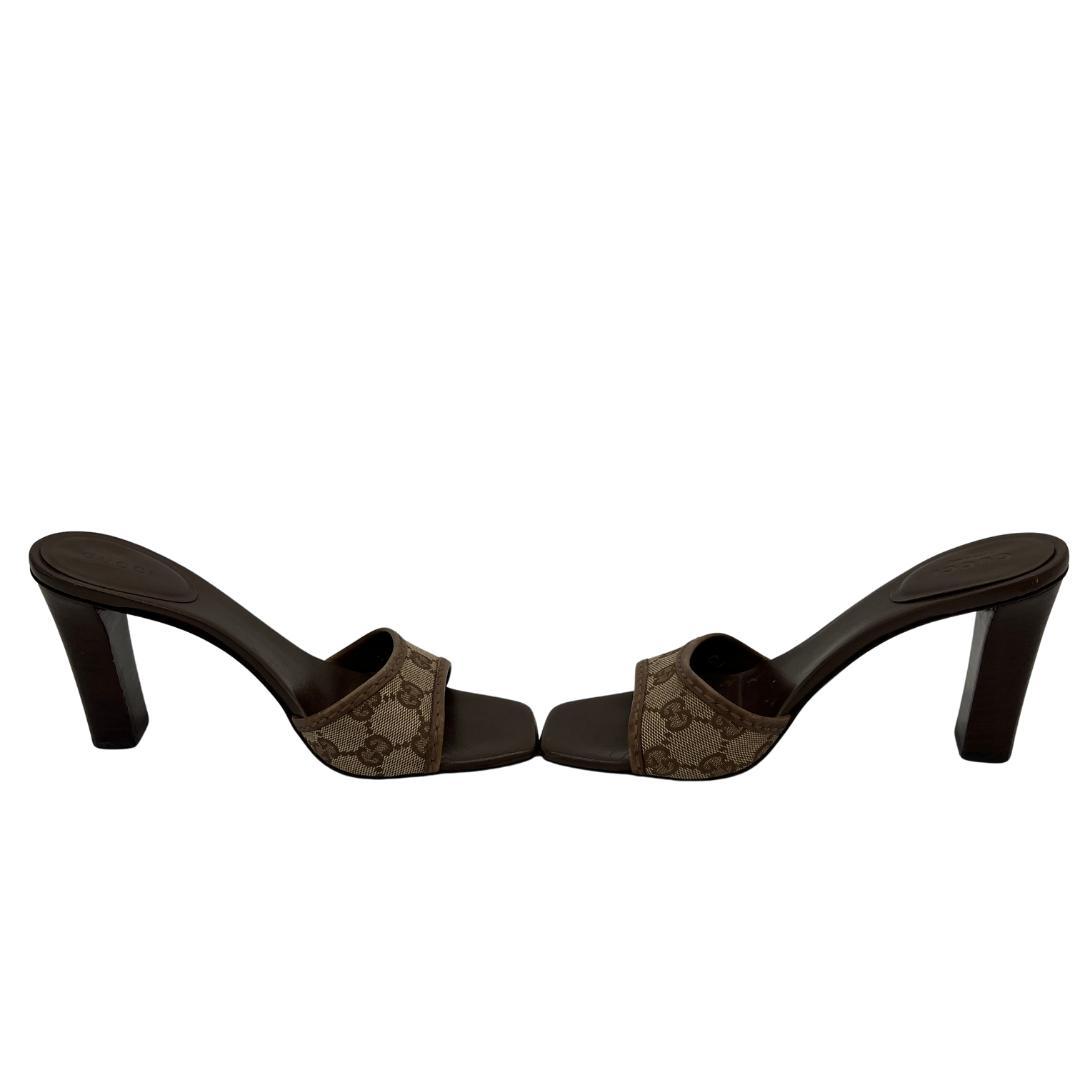 【GUCCI】ミュール サンダル GGキャンバス 37C ブラウン系 ハイヒール