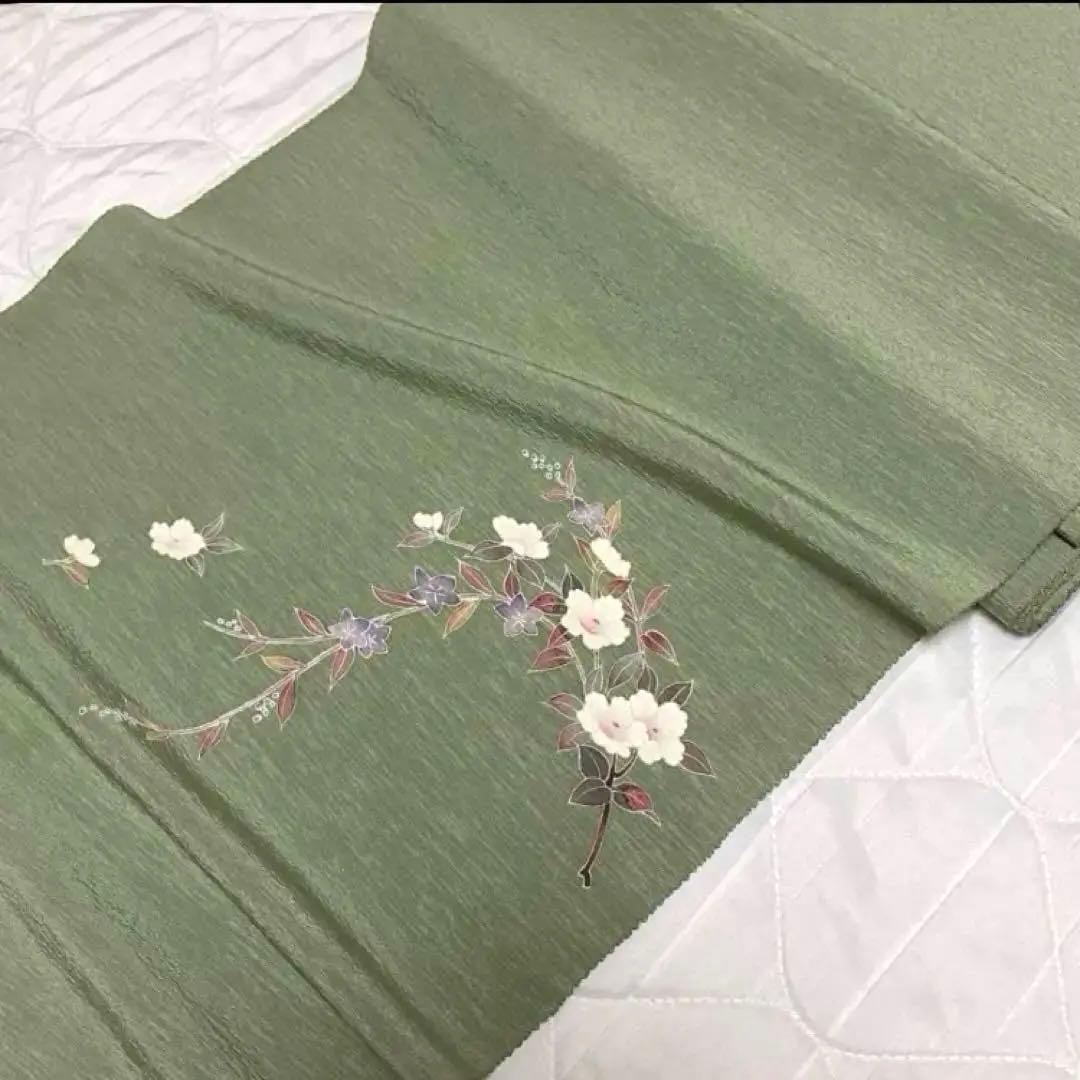 加賀友禅　加賀重ね色染 百貫達雄 浜ちりめん 反物　正絹 緑色　無地