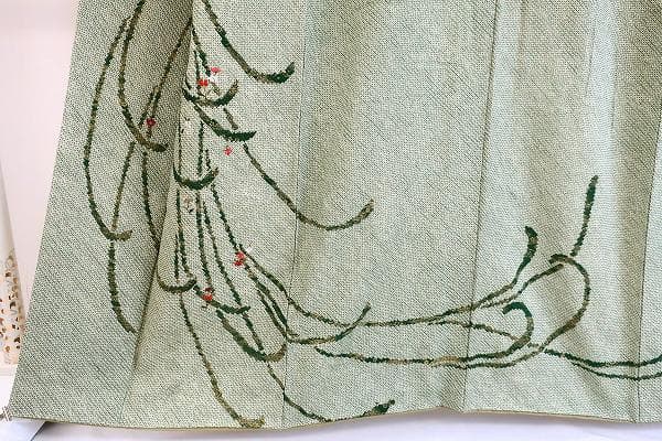 訪問着 総絞り くすんだ黄緑 草色 枝花 刺繍 身丈159cm 裄丈64cm