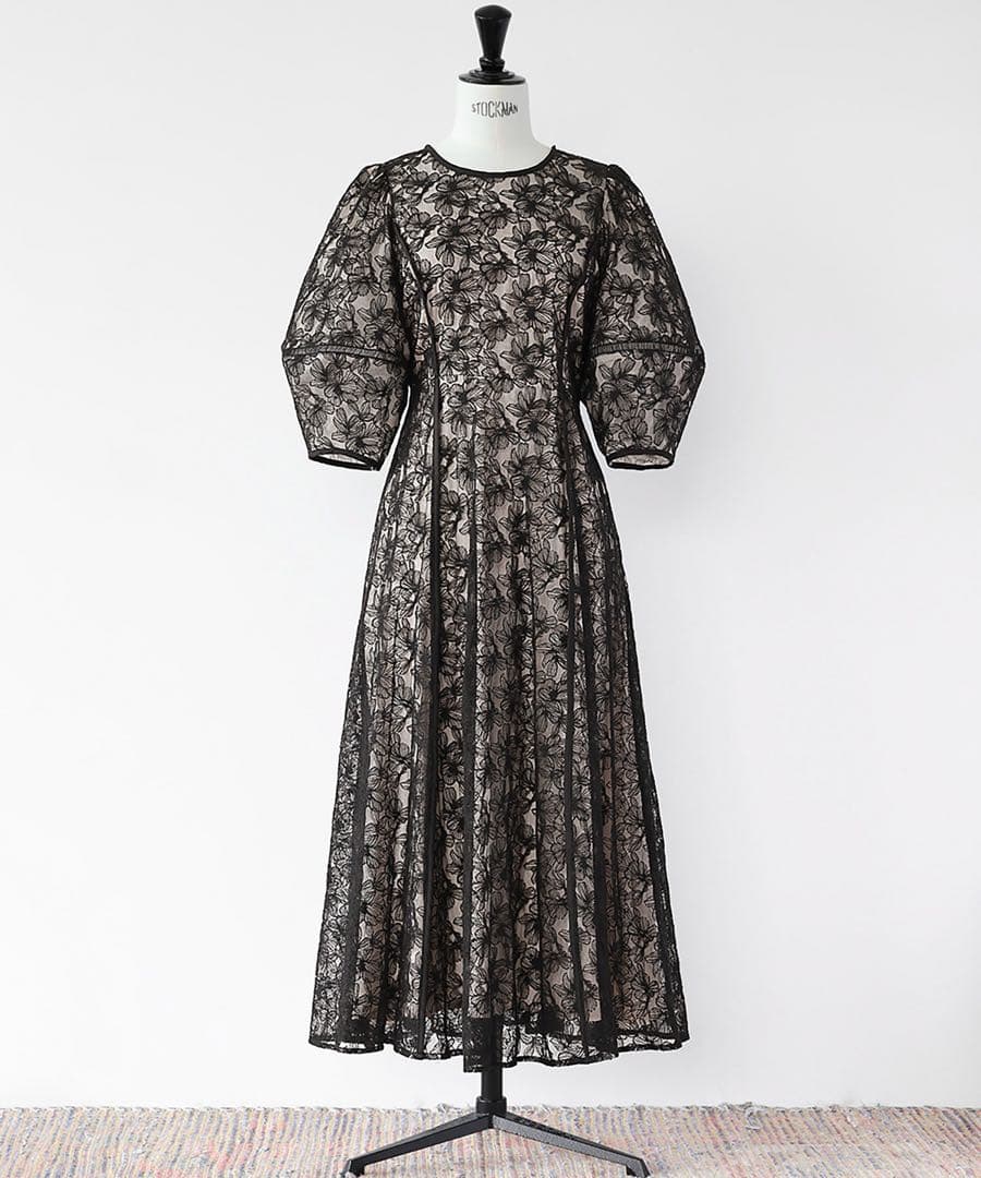 【美品】GIRL パフスリーブ総レースフレアロングワンピース　ピンクベージュ