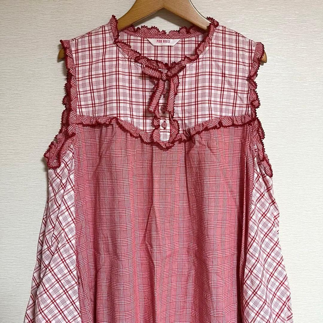 ピンクハウス PINKHOUSE ノースリーブチュニック チェック 赤 リボン