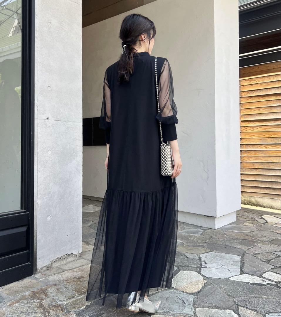 シースルー袖 ブラックロングドレス