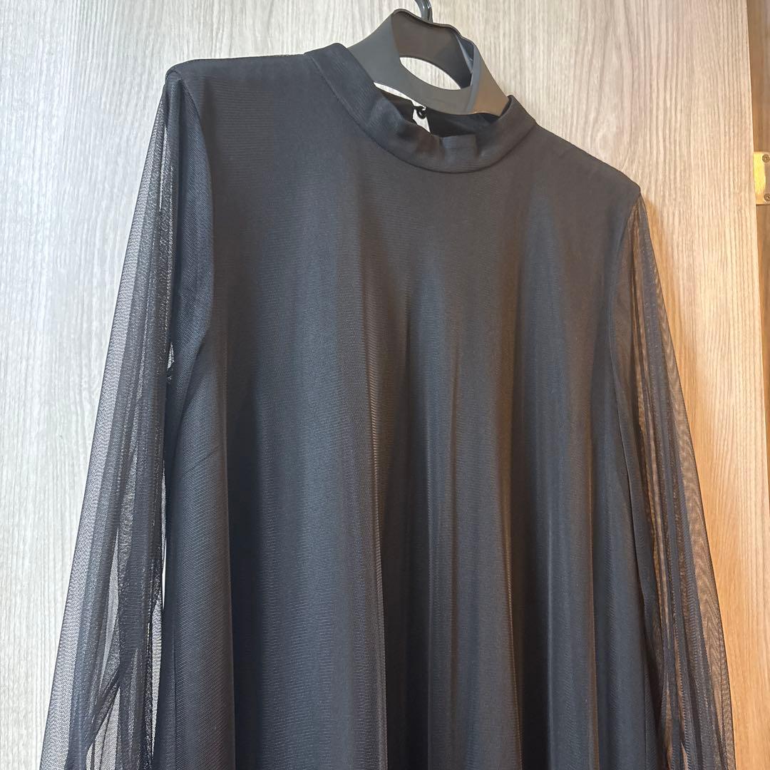 シースルー袖 ブラックロングドレス