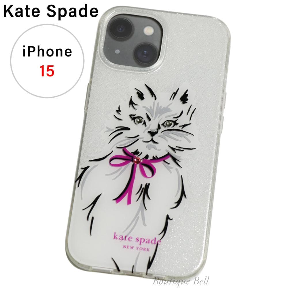 【ケイトスペード】ウィスカーズ 猫 iPhone15ケース ホワイト