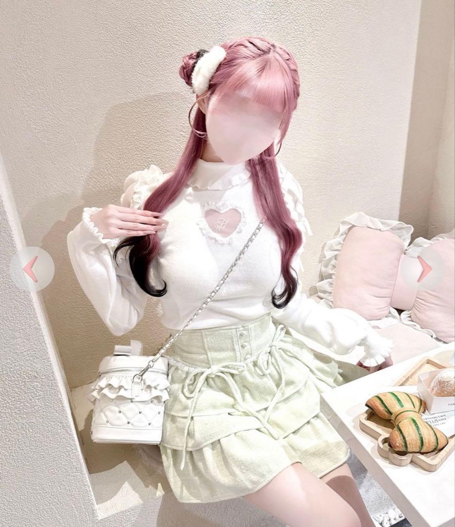 HONEYMEW ツイードティアードフリルスカート グリーン