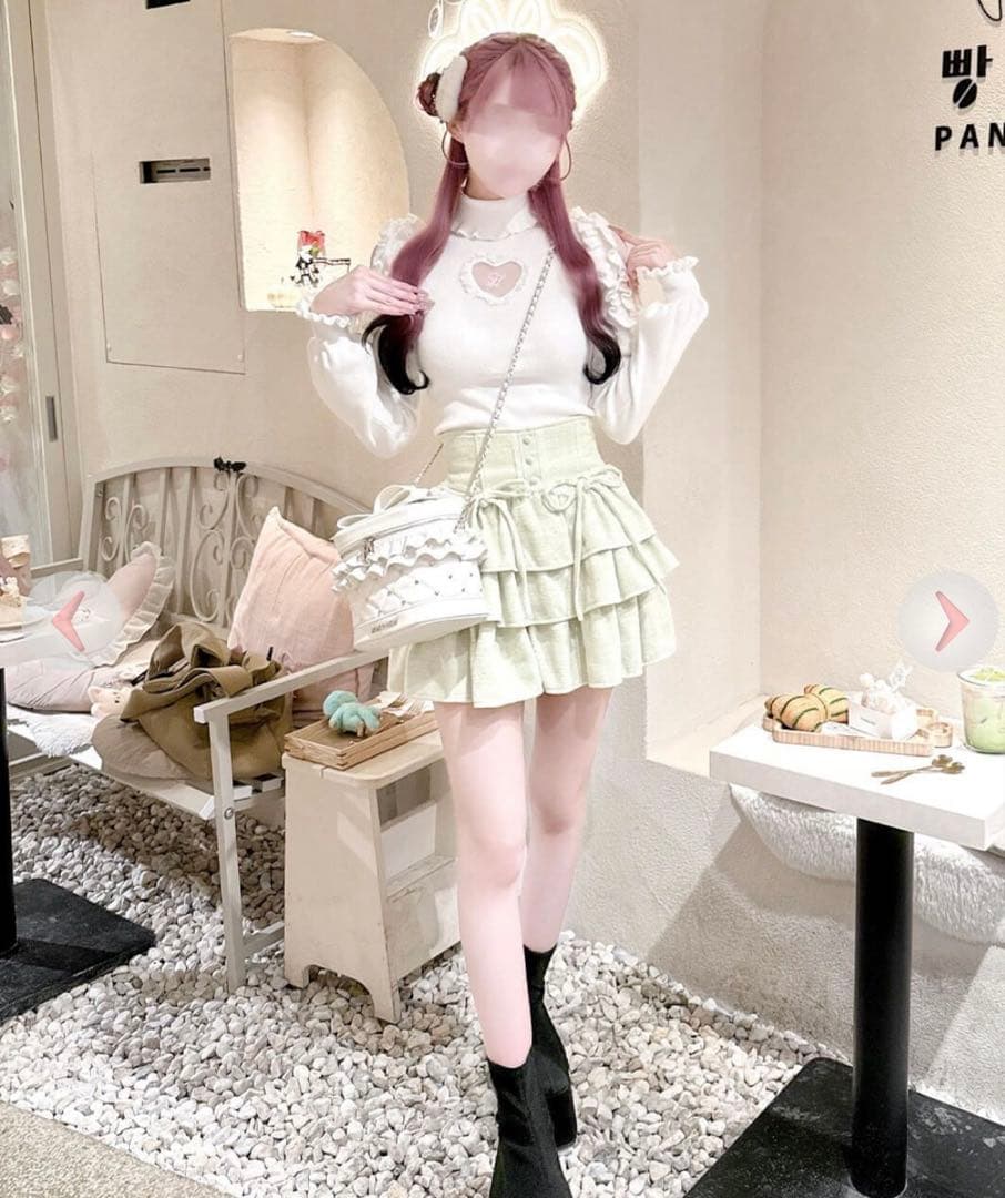HONEYMEW ツイードティアードフリルスカート グリーン
