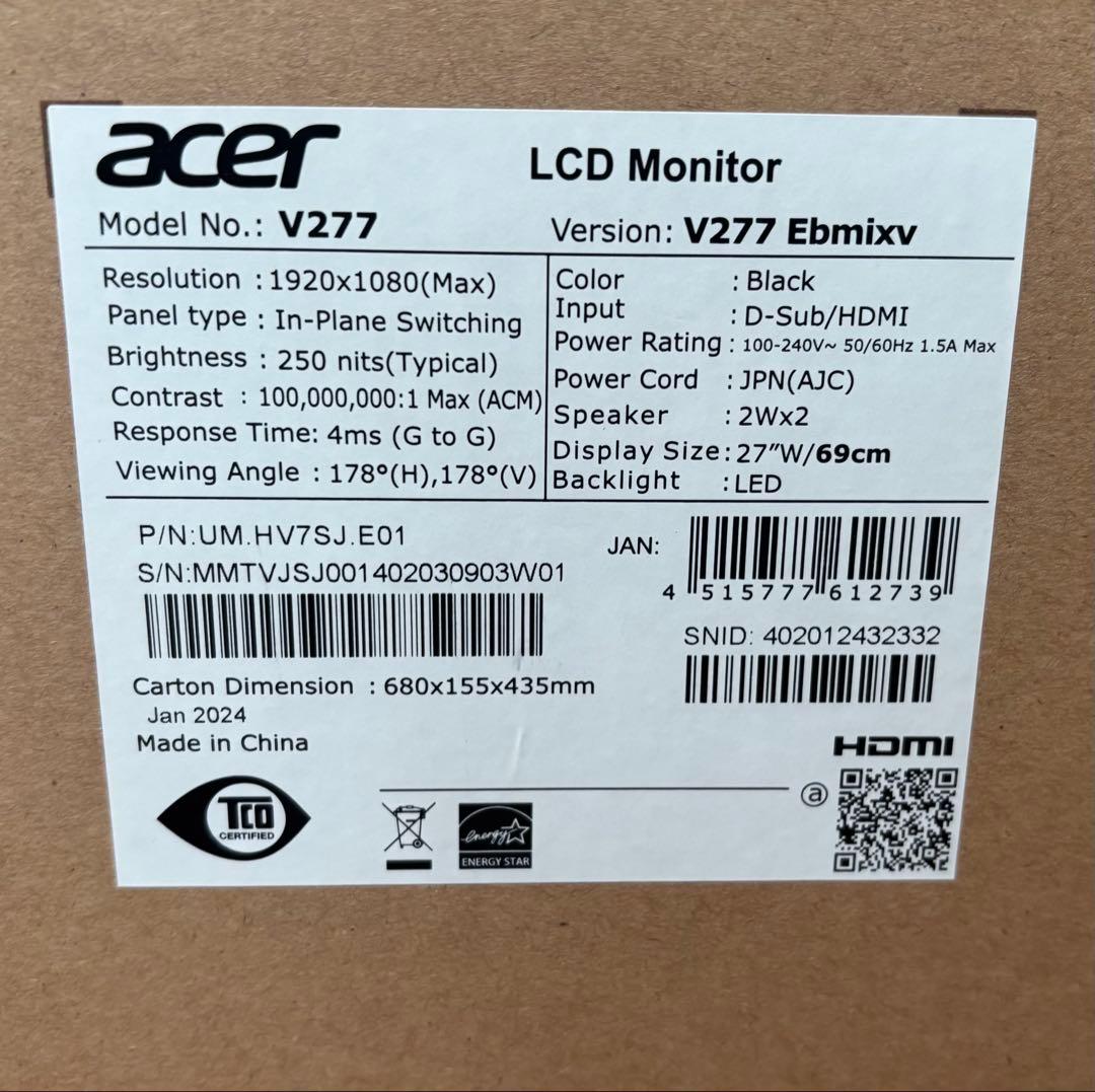 Acer V277 27インチ モニター