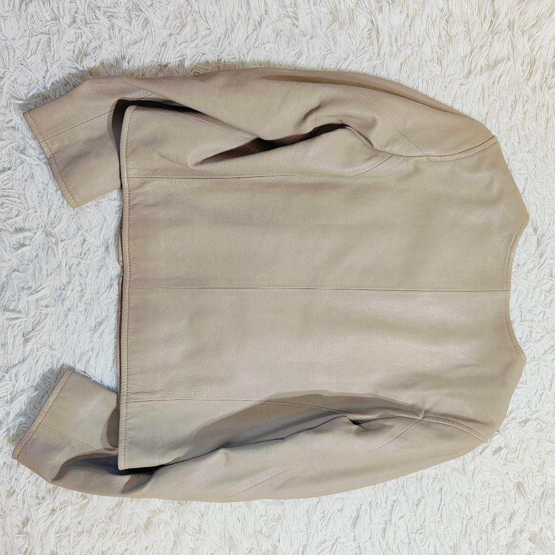 極美 ビームス ラムレザー 羊革 ノーカラー ライダースジャケット ベージュ 1