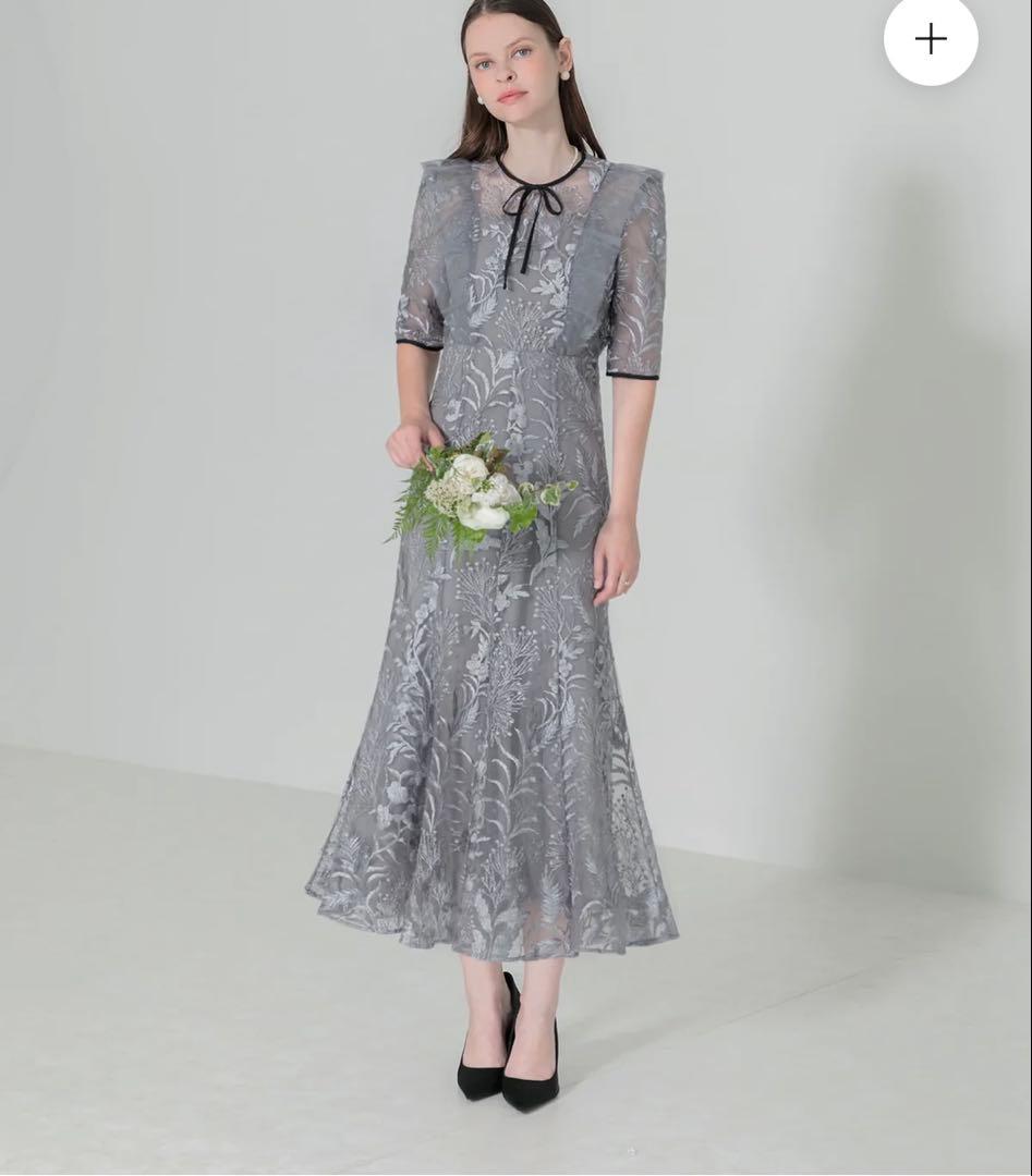 【LEJA】刺繍レース配色パイピングショルダーフ リルマーメイドシルエットM