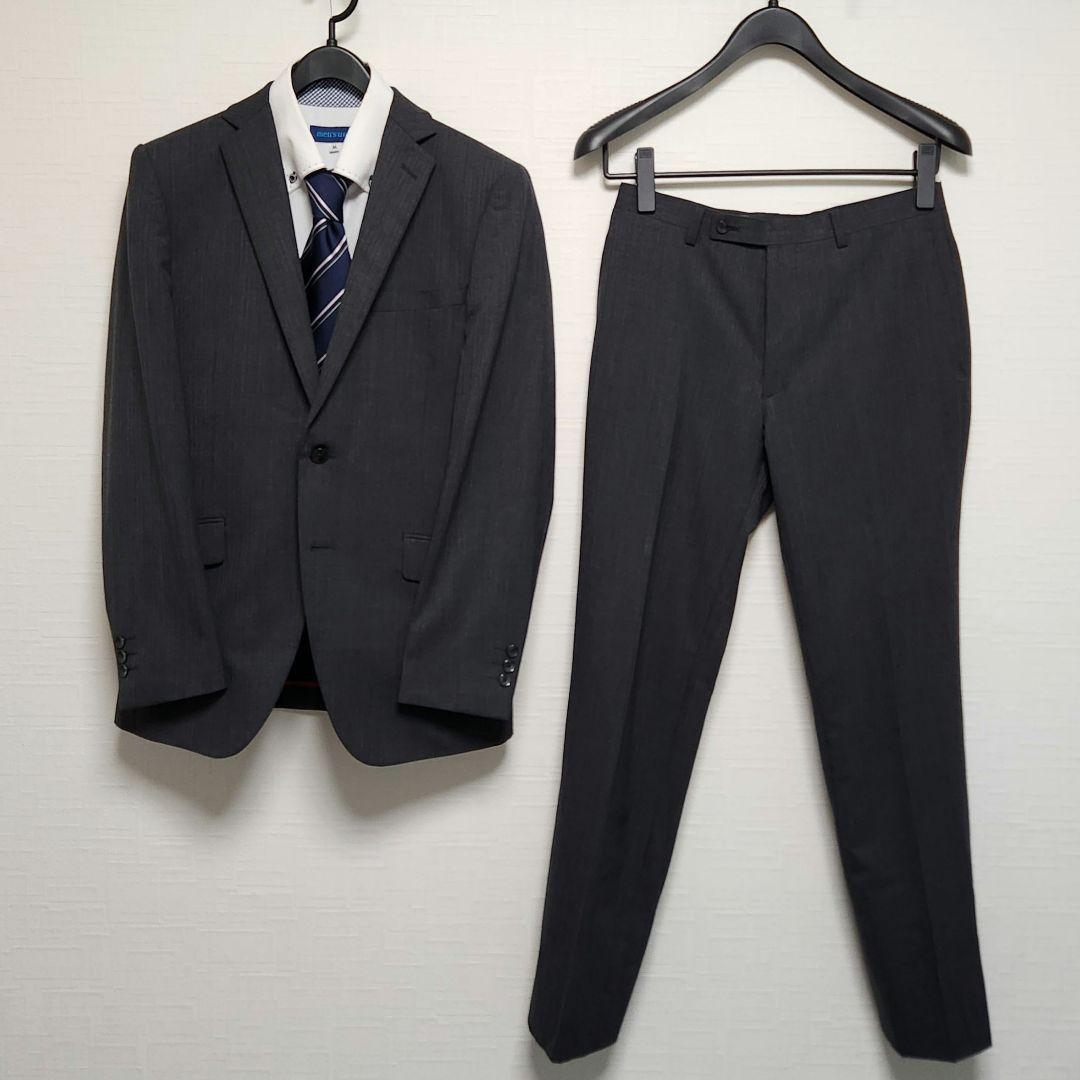 リスペクトネロ　メンズ　スーツ　スリーピース　グレー　ストライプ　細身　ウール混