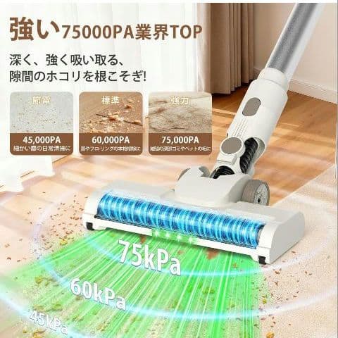 専用　コードレス掃除機　自立式　75000Pa　超強力吸引　65分連続駆動