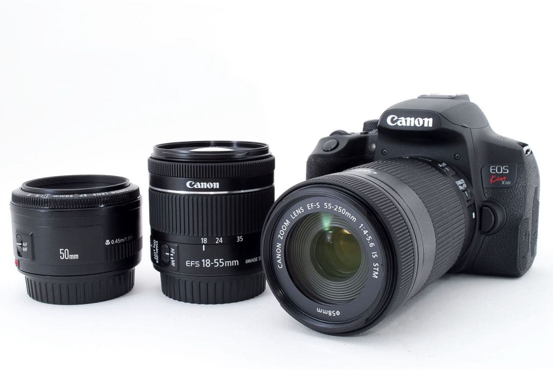 一眼レフカメラcanon kiss x10i標準&望遠&単焦点レンズセット