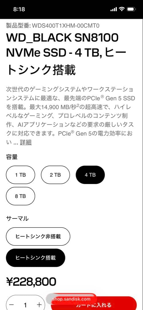 【新品未開封 定価228,800円 】SN8100 4TB ヒートシンク付