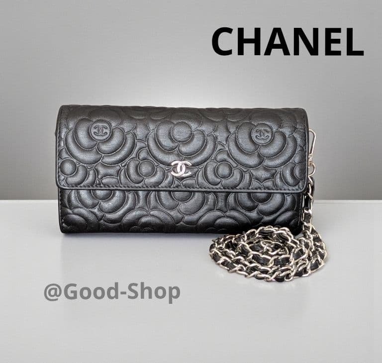 シャネル　フラワーココ型押し長財布　黒　ラムスキン　ショルダー　チェーン