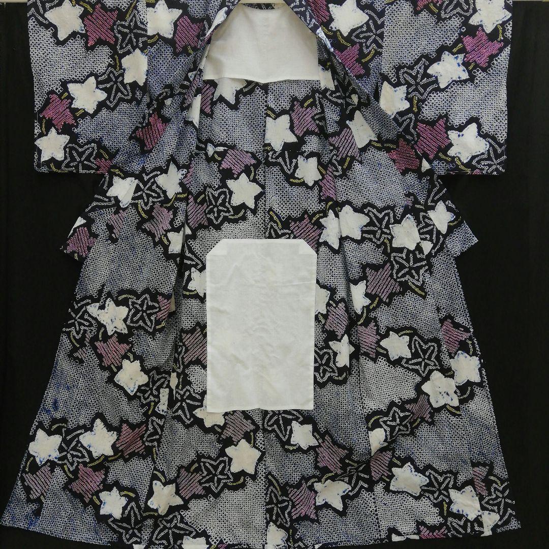 有松鳴海絞り 浴衣　(楓紋様　未使用しつけ糸付　小サイズ　やや身幅広め　藍色)