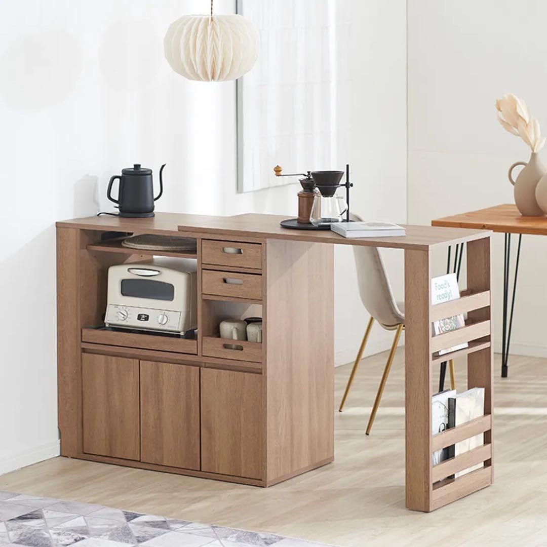 [ぬん]LOWYA 伸縮式キッチンカウンター 食器棚 木目調