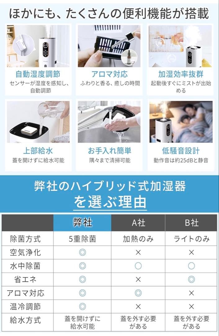 ハイブリッド式加湿器　超音波　加熱　9L大容量　タワー型　5重除菌　上から給水