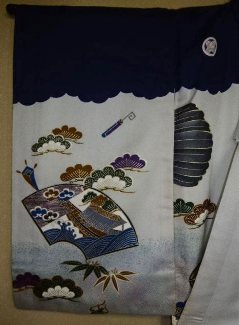 お宮参りセット　男児産着・長襦袢・帽子・よだれかけ付き　紋付　紺色金彩加工