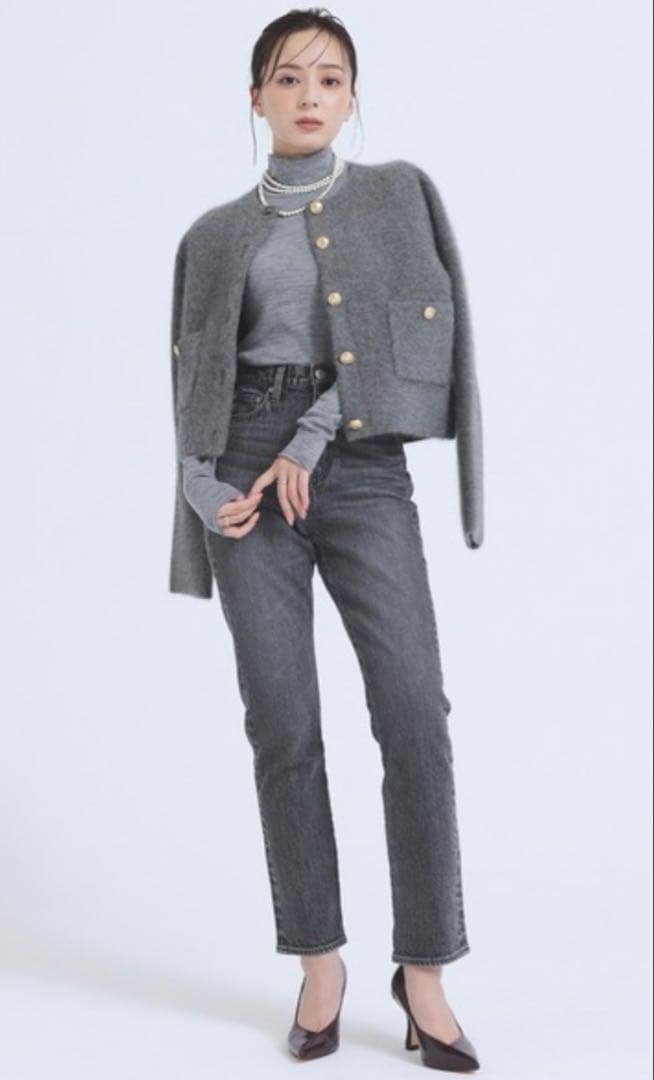 anuans ラクーンブレンドノーカラーニットジャケット　グレー/F