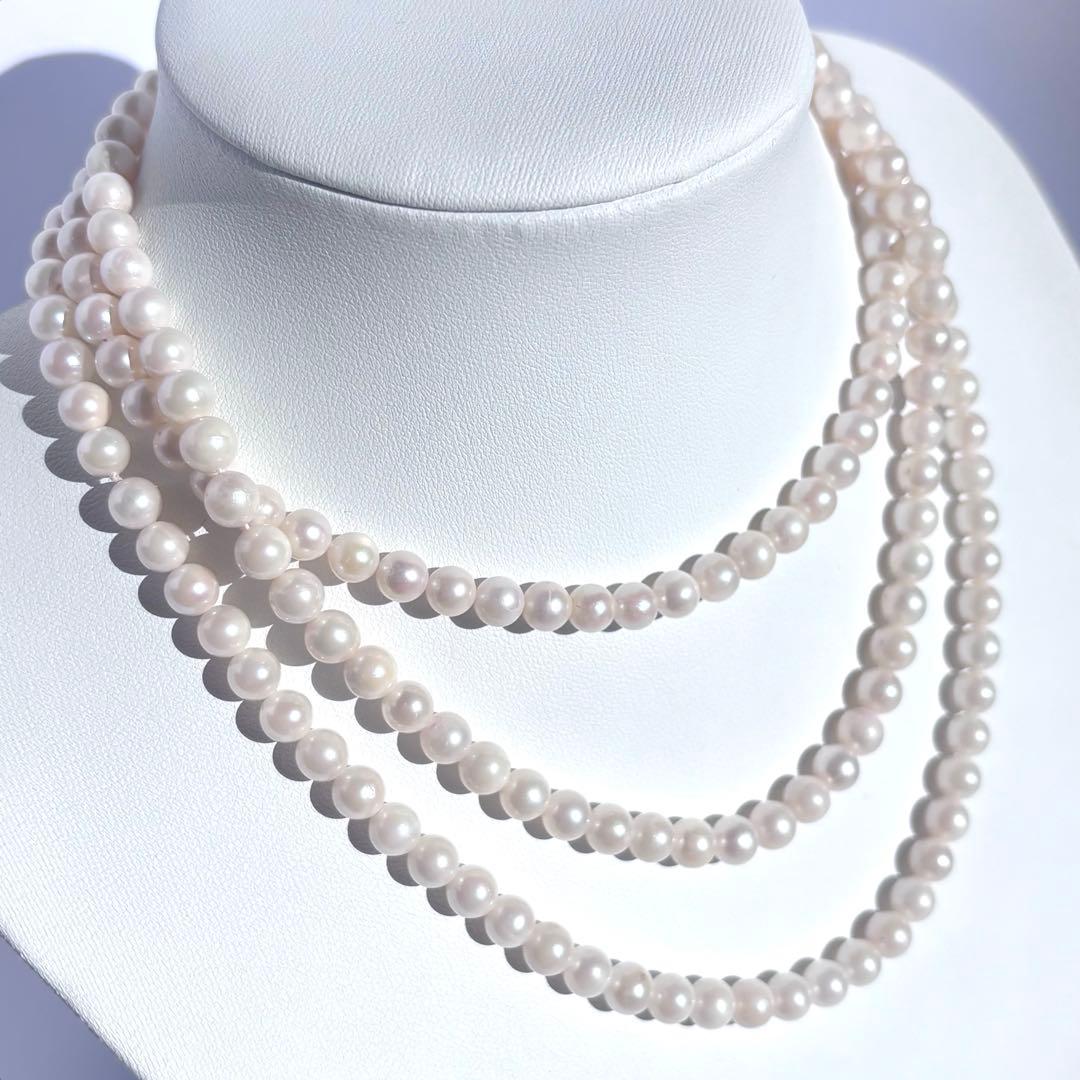 希少✨2連3連　約6.5mmあこや本真珠　120cmロングパールネックレス