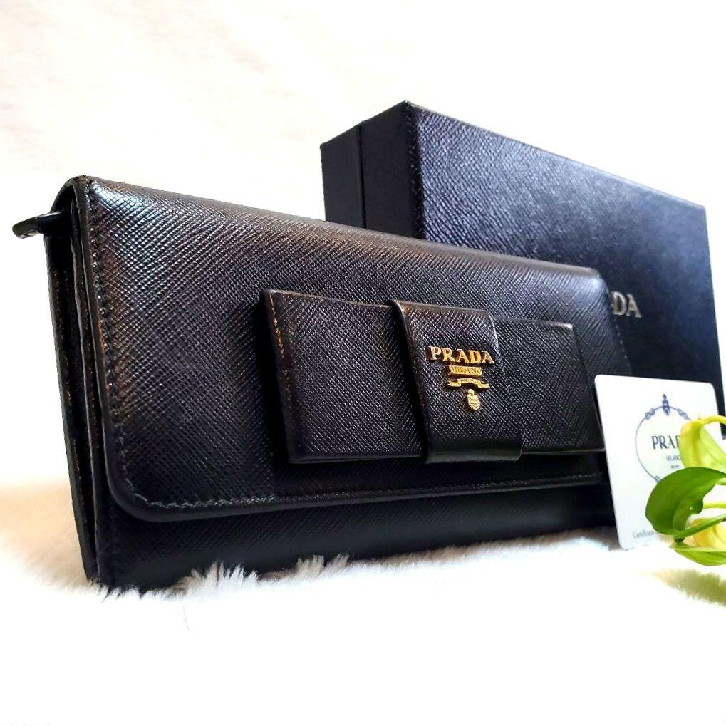 美品 プラダ　長財布 サフィアーノ フィオッコ ライト黒 メタルロゴ リボン