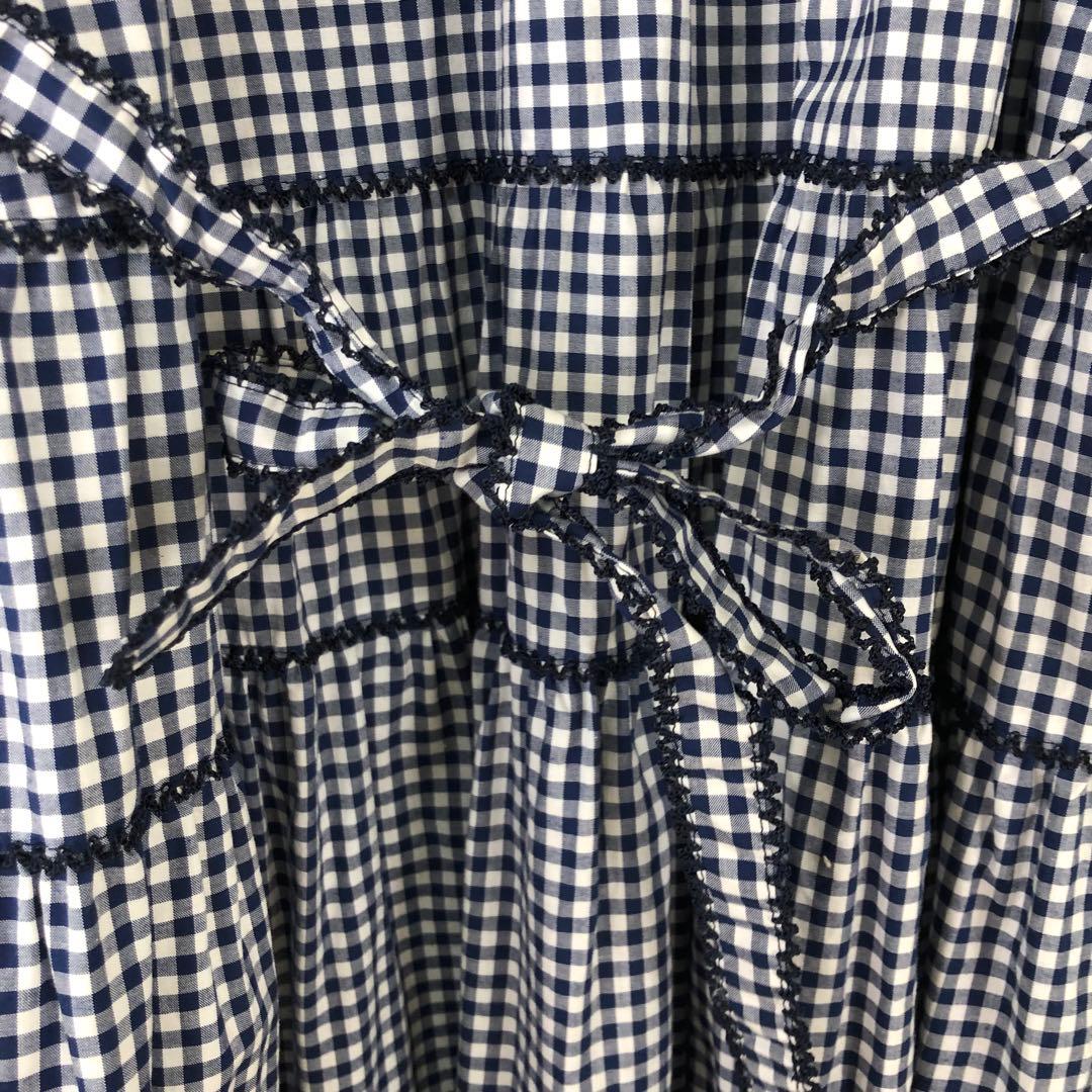 PINK HOUSE ギンガムチェックワンピース ワッペン ピコフリル ブルー