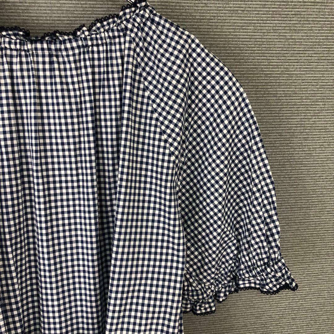 PINK HOUSE ギンガムチェックワンピース ワッペン ピコフリル ブルー