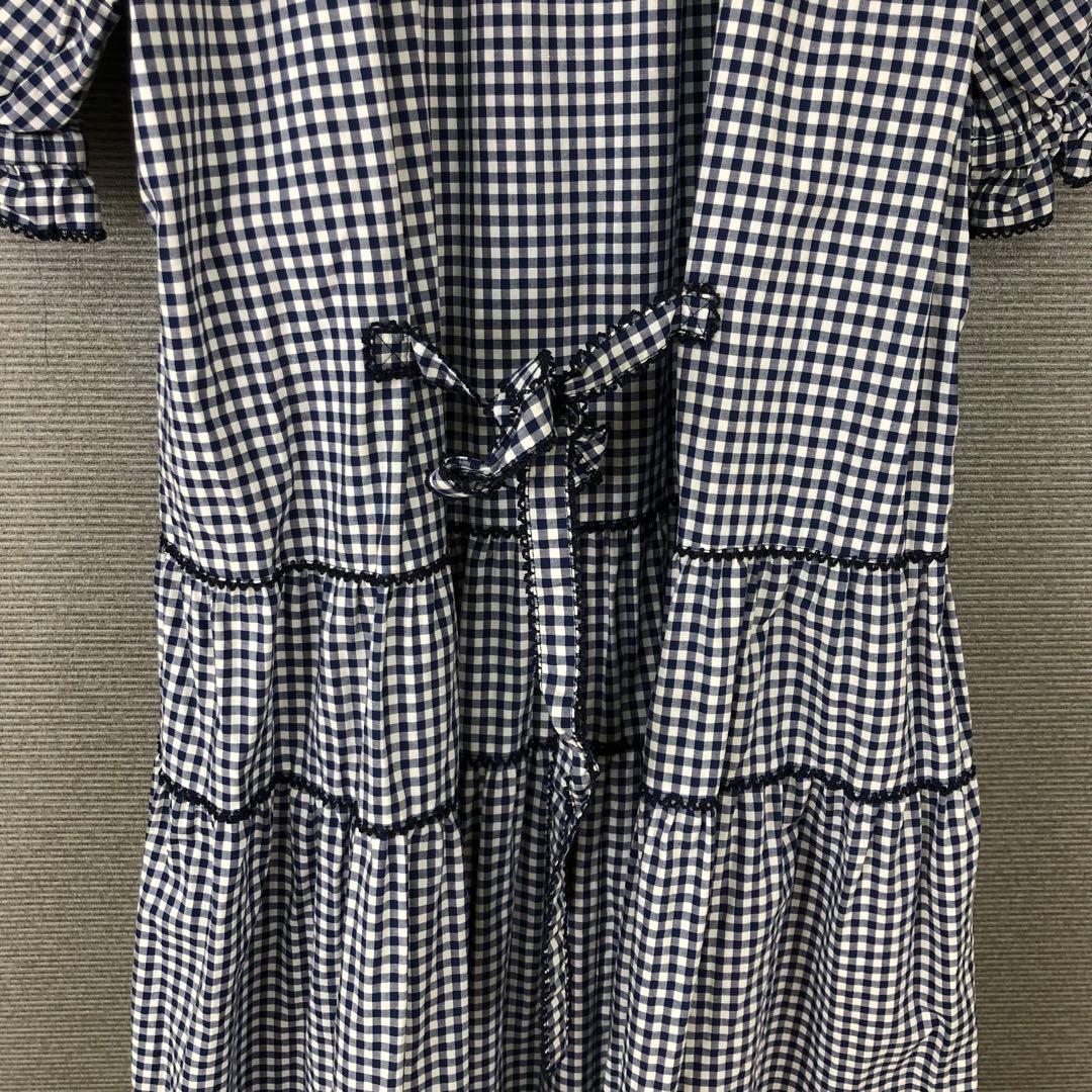 PINK HOUSE ギンガムチェックワンピース ワッペン ピコフリル ブルー