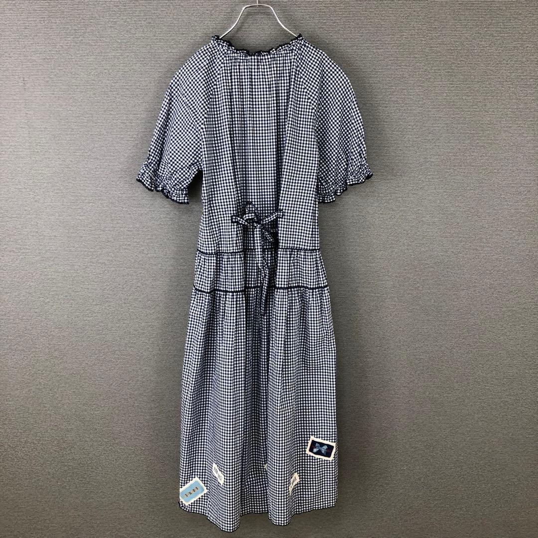 PINK HOUSE ギンガムチェックワンピース ワッペン ピコフリル ブルー