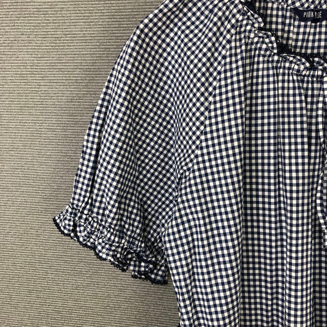 PINK HOUSE ギンガムチェックワンピース ワッペン ピコフリル ブルー