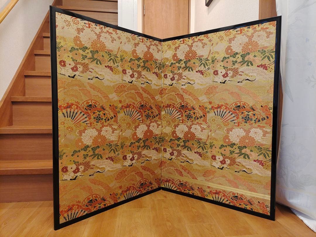 屏風　仕切り　二枚折　 パーテーション　 衝立　鶴図　金糸　西陣織　風炉先屏風