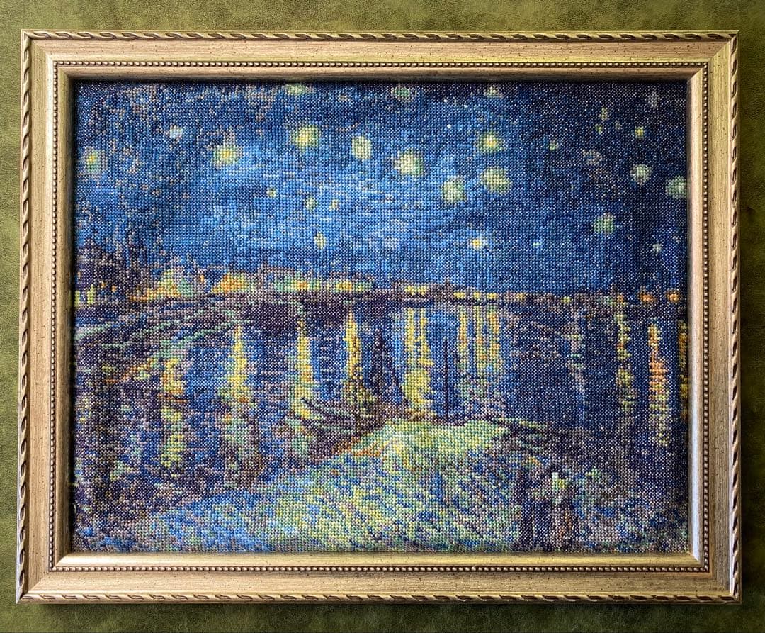 【完成品】〈ローヌ川の星月夜〉クロスステッチ
