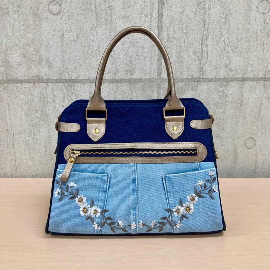 デニムリメイク　2wayハンドバッグ　刺繍花柄　本革　オーダー専用