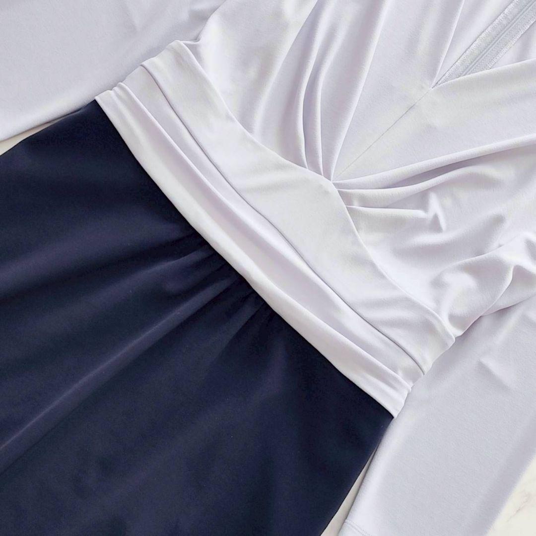 大きいサイズ13 kay me 洗える 切替 シェル ワンピース 紺 ラベンダー