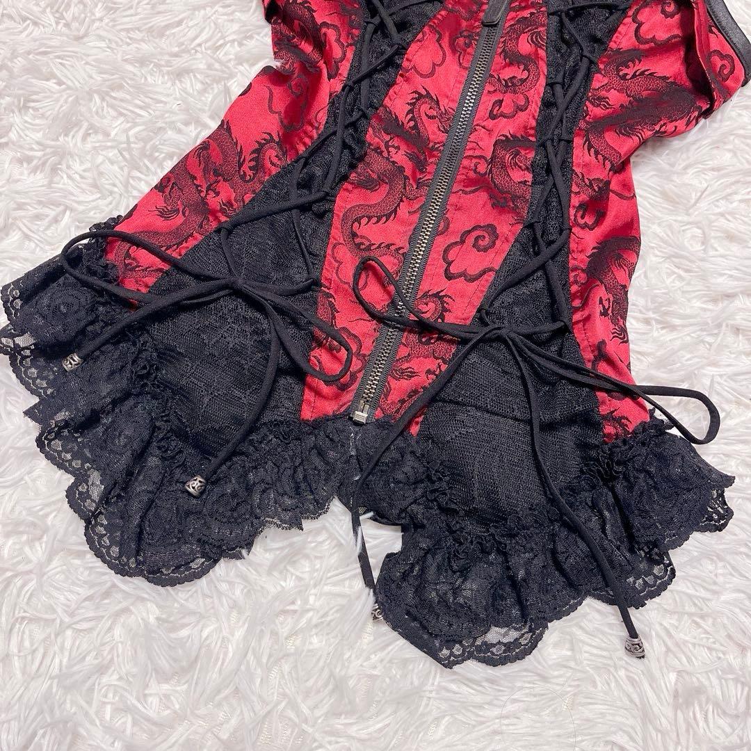 QutieFrash ドラゴン サテン ベスト コルセット レースアップ 赤