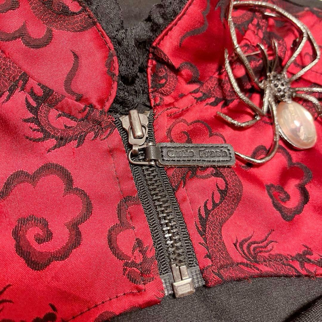 QutieFrash ドラゴン サテン ベスト コルセット レースアップ 赤