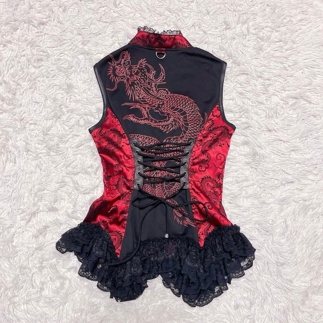 QutieFrash ドラゴン サテン ベスト コルセット レースアップ 赤