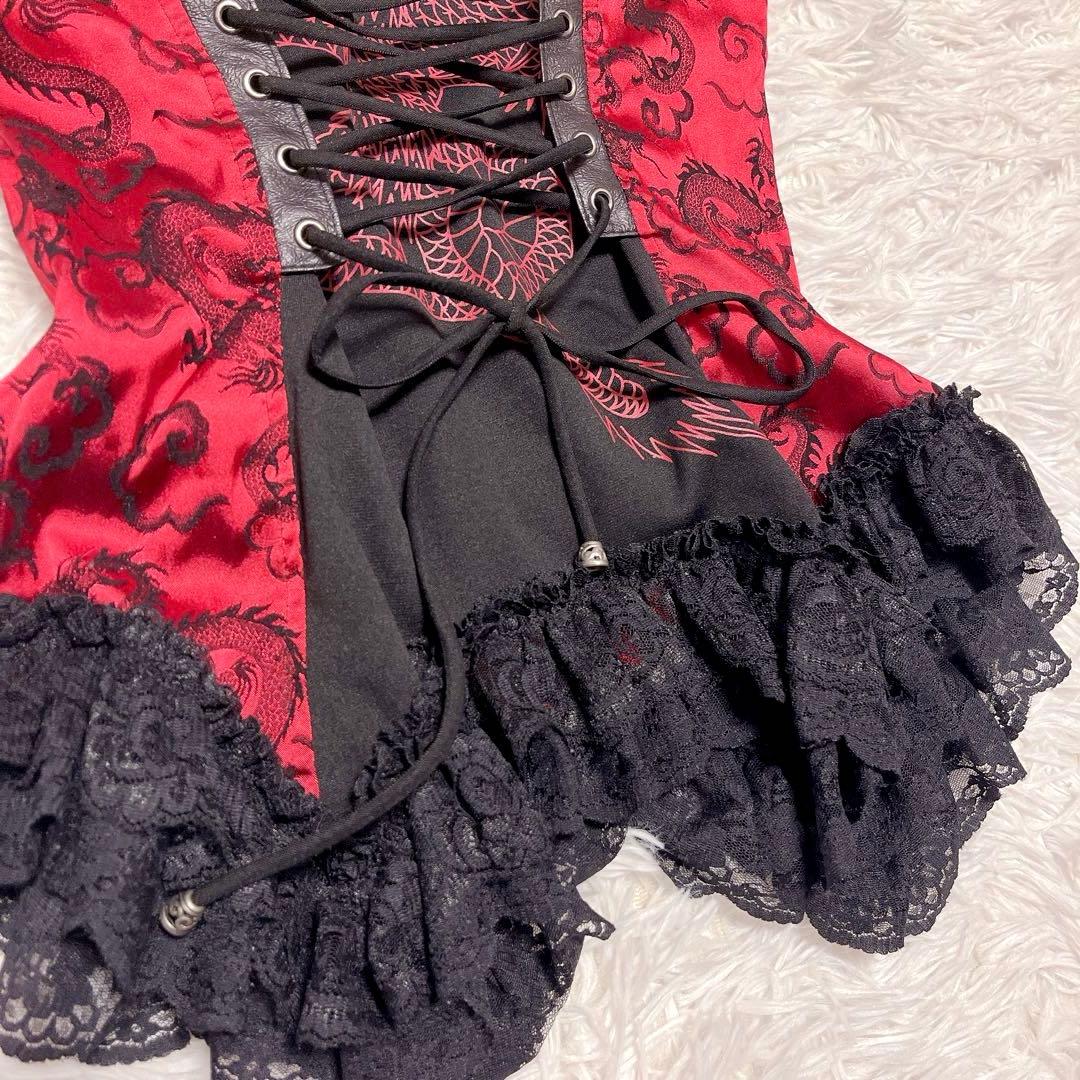 QutieFrash ドラゴン サテン ベスト コルセット レースアップ 赤