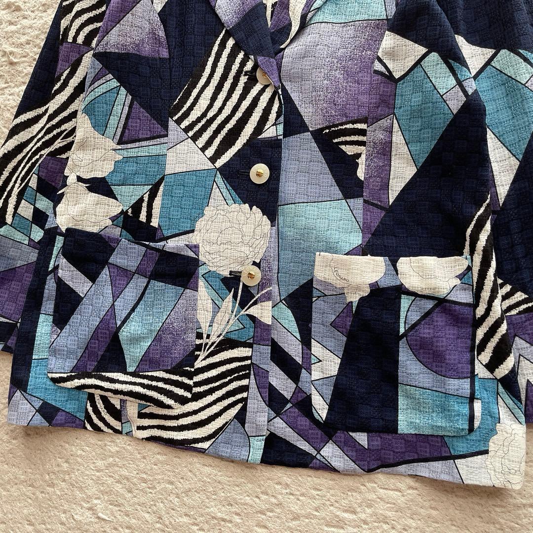 【大きいサイズXL】レオナール テーラードジャケット 総柄 コットン ネイビー