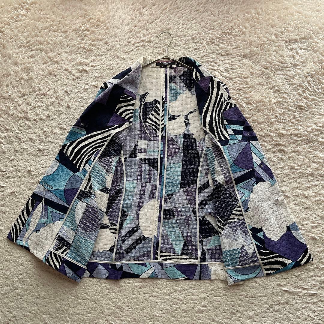 【大きいサイズXL】レオナール テーラードジャケット 総柄 コットン ネイビー