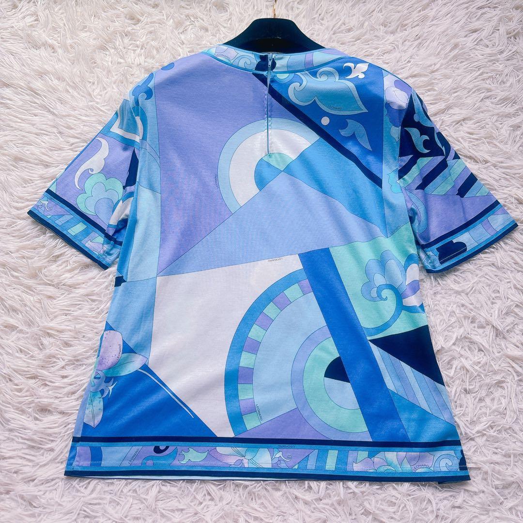 極美品✨LEONARD レオナール 半袖カットソー 花柄 トリム ブルー L