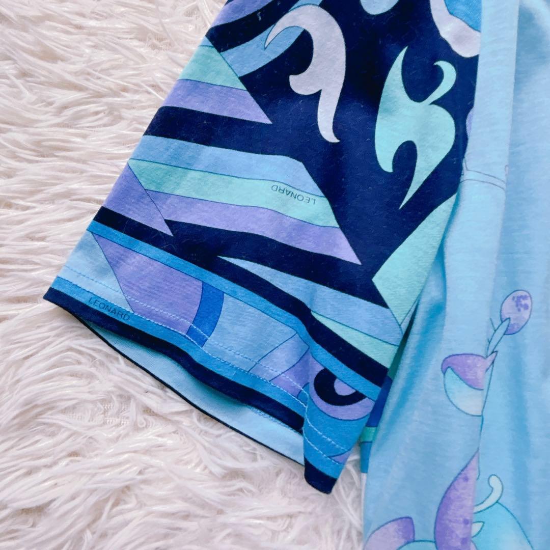 極美品✨LEONARD レオナール 半袖カットソー 花柄 トリム ブルー L