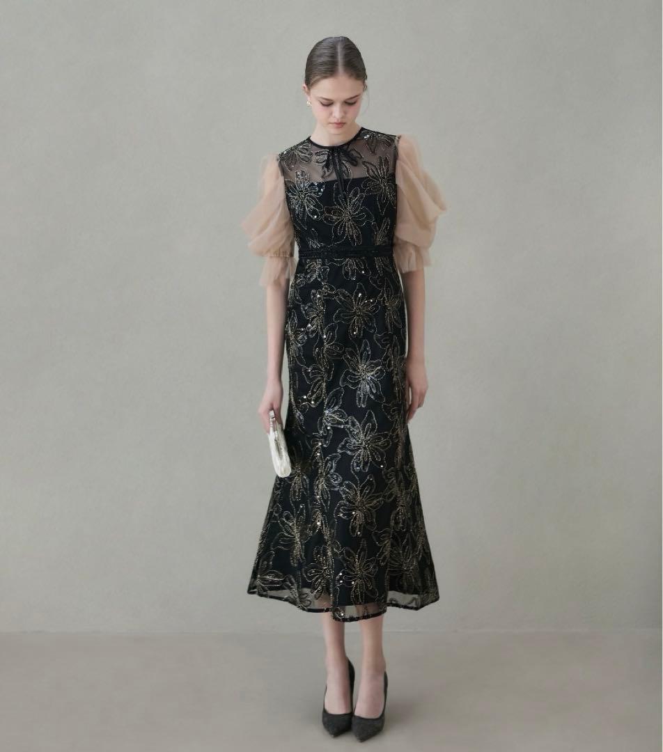 【LEJA】スパンコールフラワーリボンチュールワンピースドレス