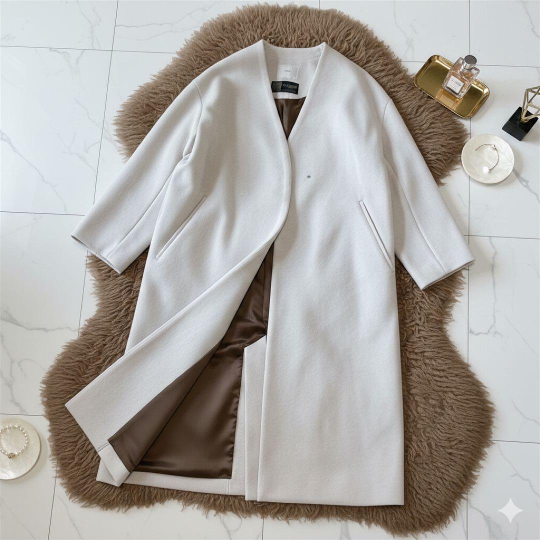 美品✨イエナ マンテコ ノーカラーウールコート ロングコート アイボリー 38